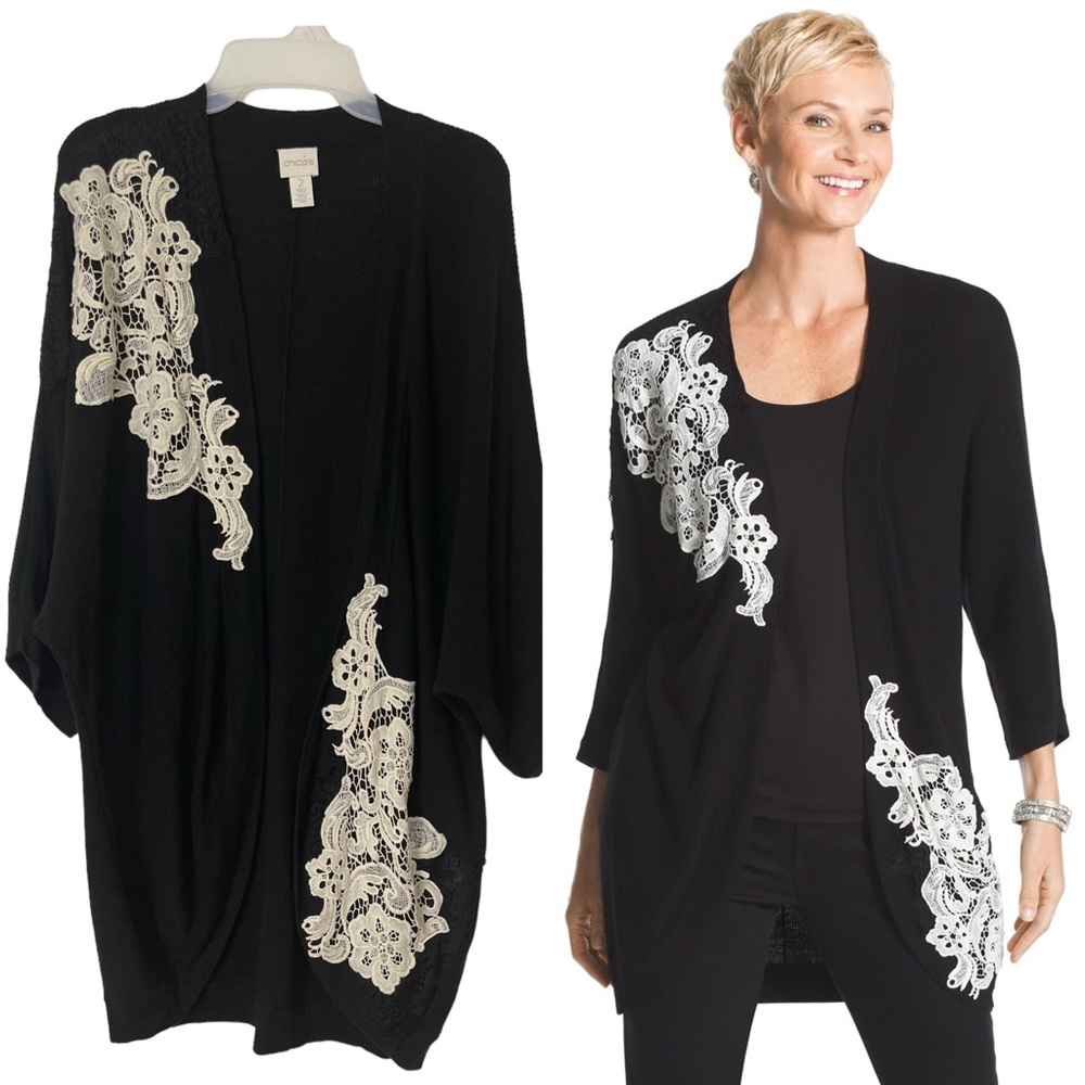 Chico’s Lace Crochet Detailed 3/4 Sleeves Knitted Open Front Cardigan Size L